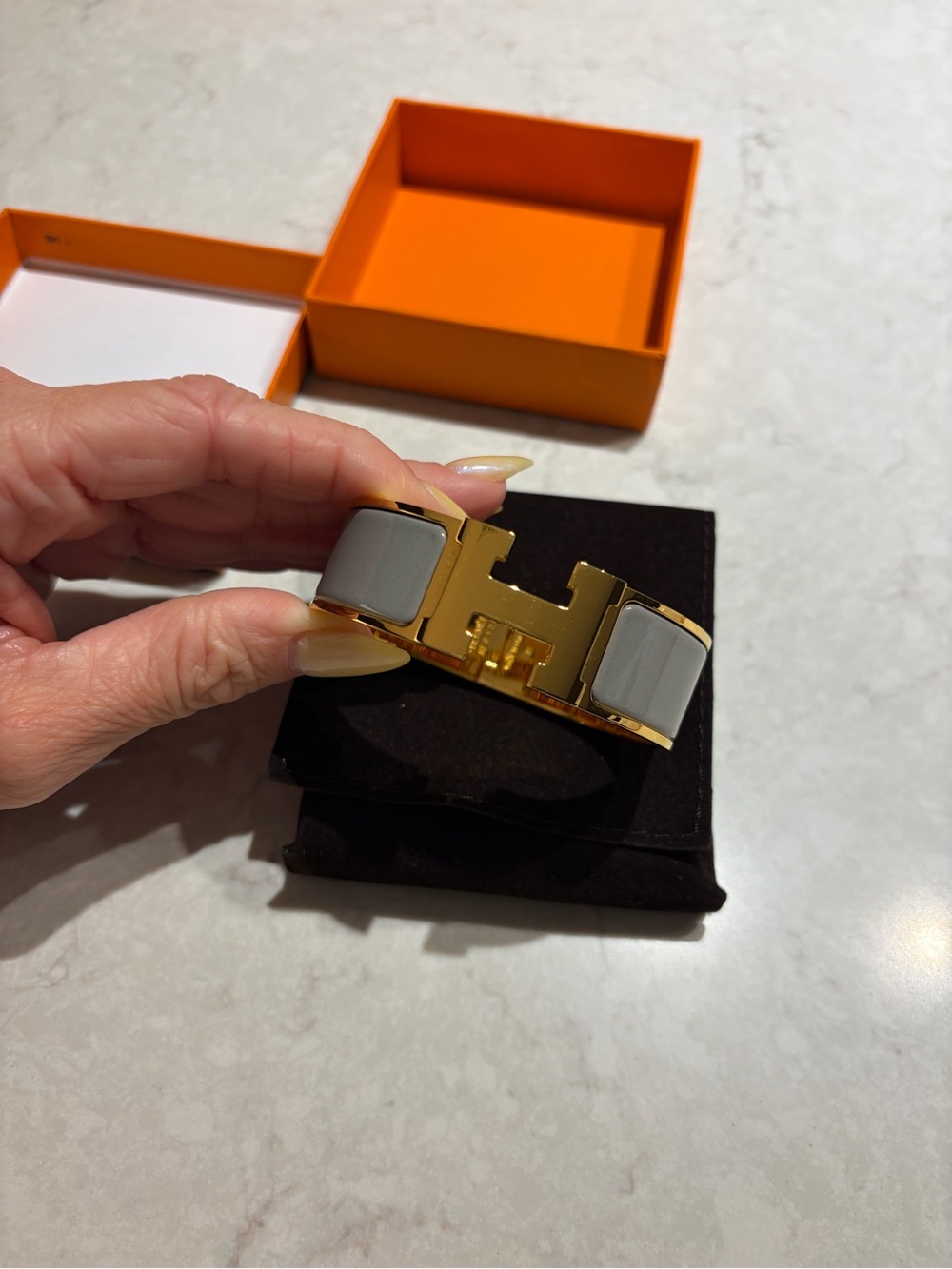 Hermes Gold and Gray Clic H Enamel Bracelet